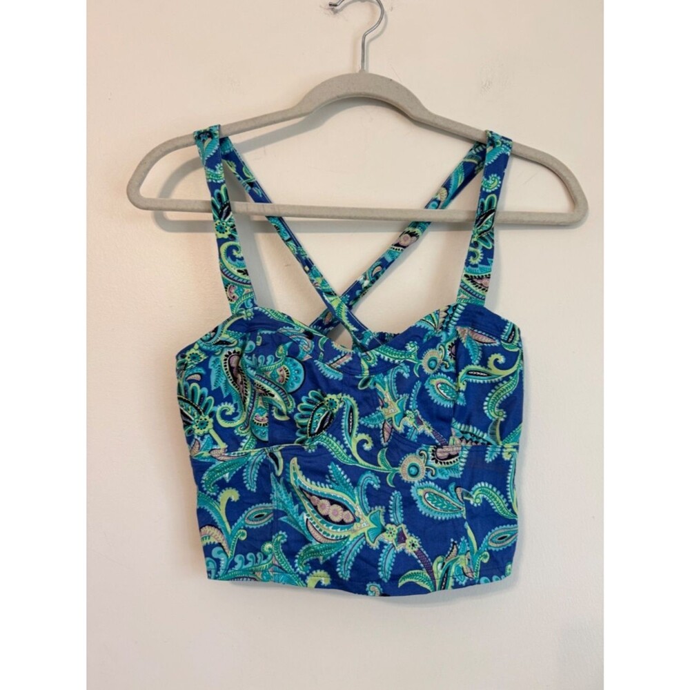 Aeropostale Blue Green Paisley Criss Cross Strap Crop Corset Tank Top | Size S